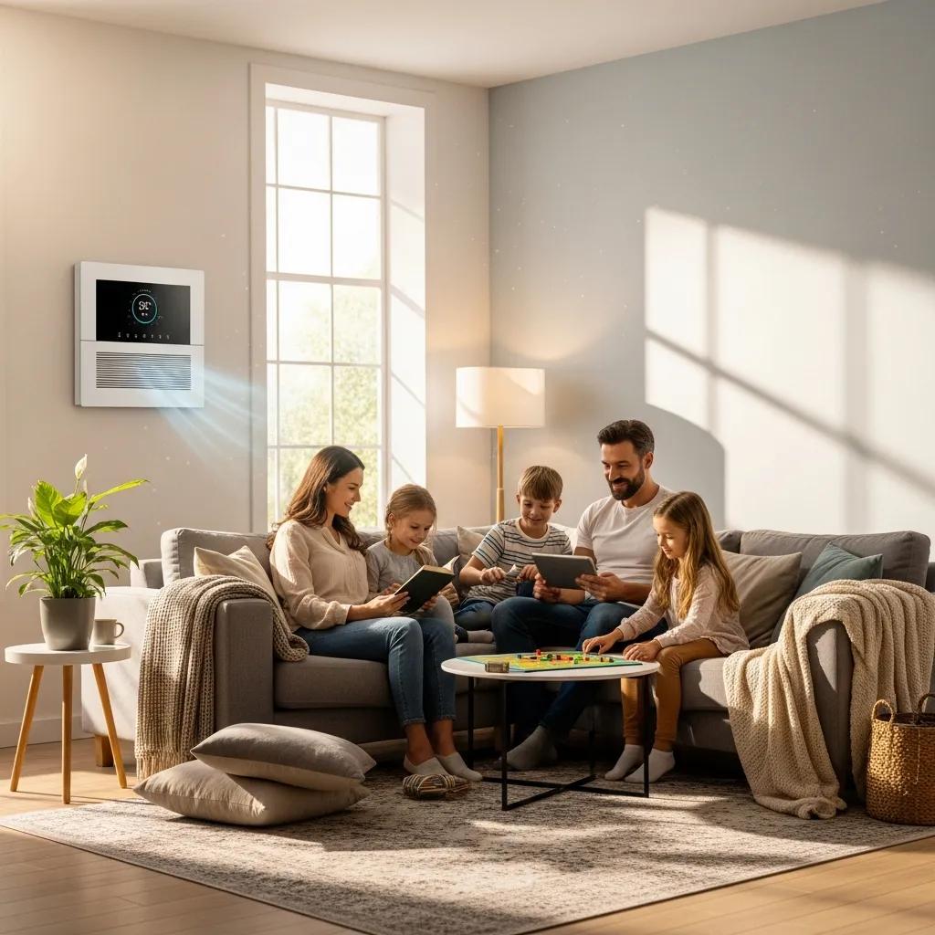 Modern HVAC system in a cozy living room emphasizing energy efficiency and comfort