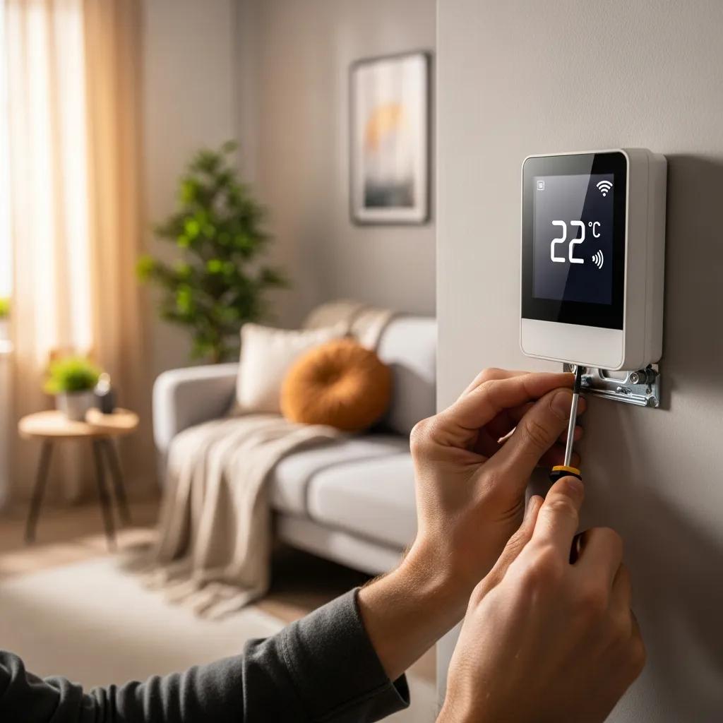 Technician installing a smart thermostat in a home