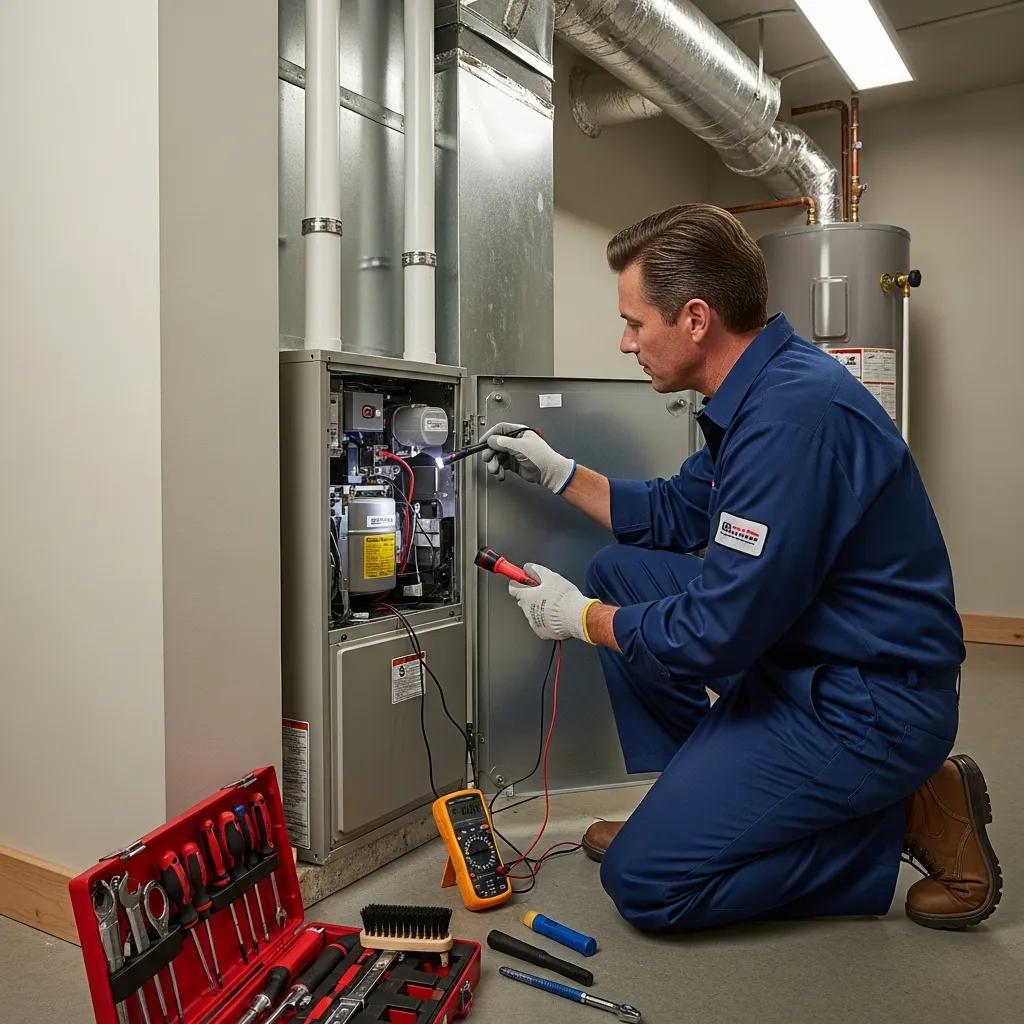 Technician conducting furnace maintenance to ensure reliable heating in a home