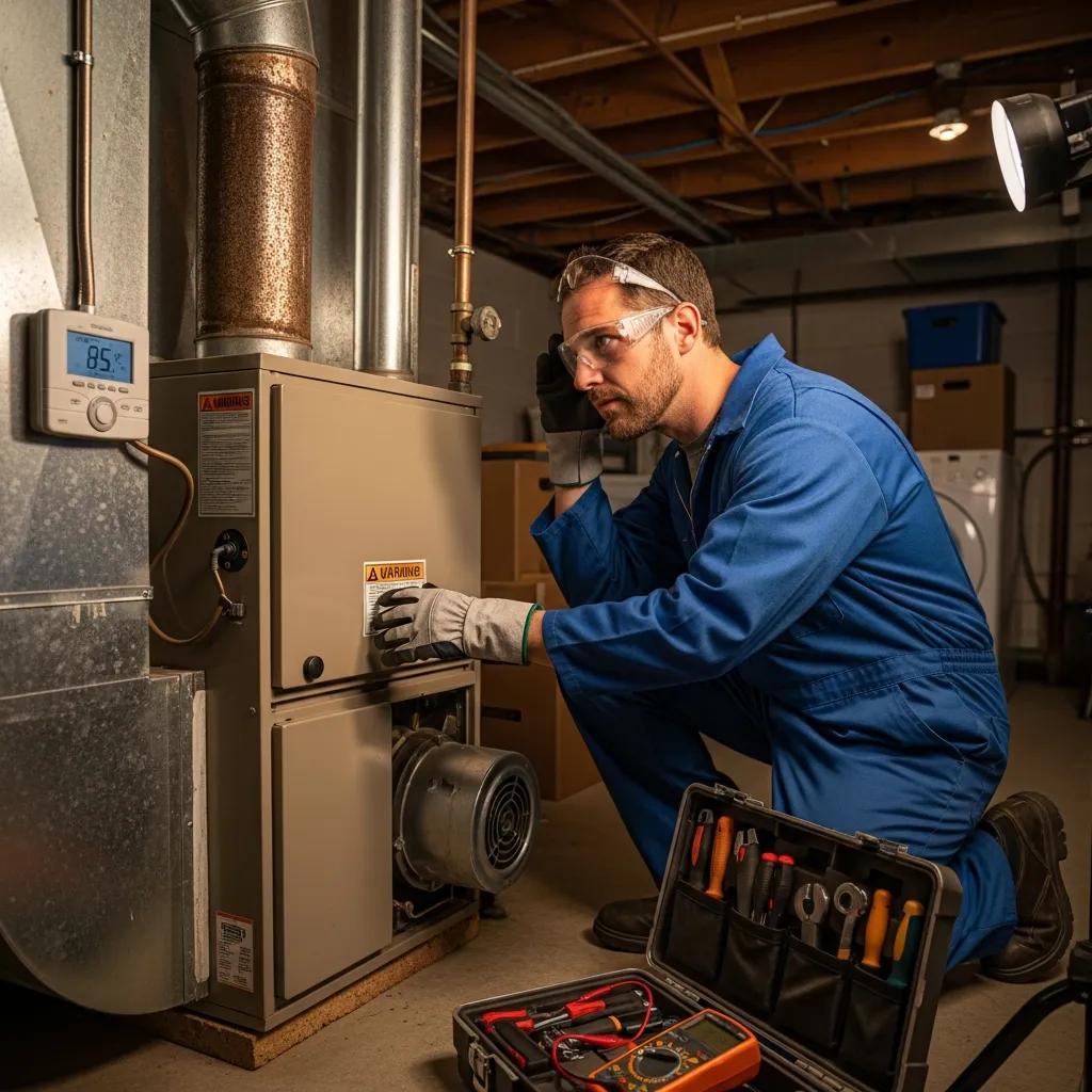 Technician inspecting a furnace for signs of malfunction