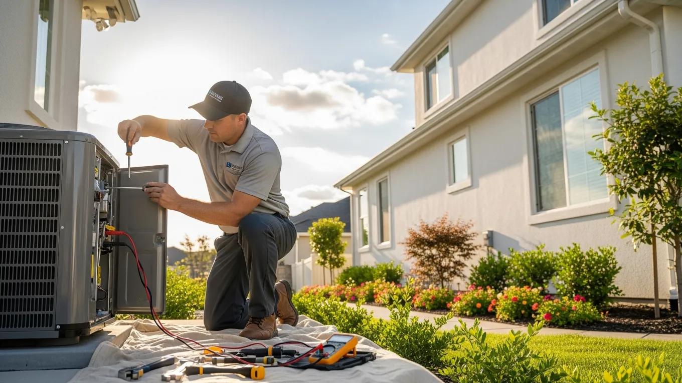 Technician performing air conditioning maintenance in a residential setting