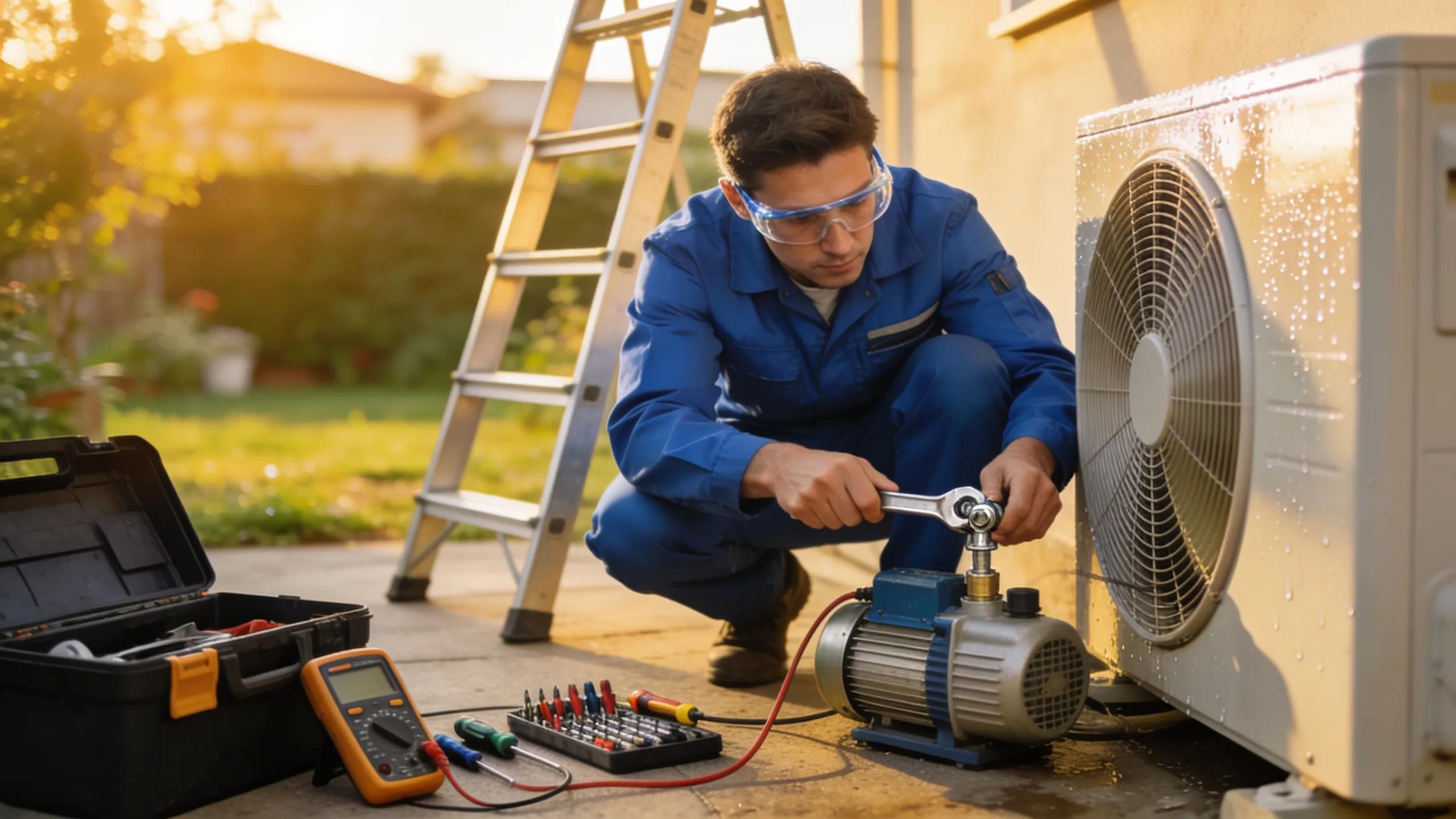AC Repair: A Comprehensive Guide 3 Technician performing maintenance on an air conditioning unit, emphasizing the importance of tune-ups for efficiency