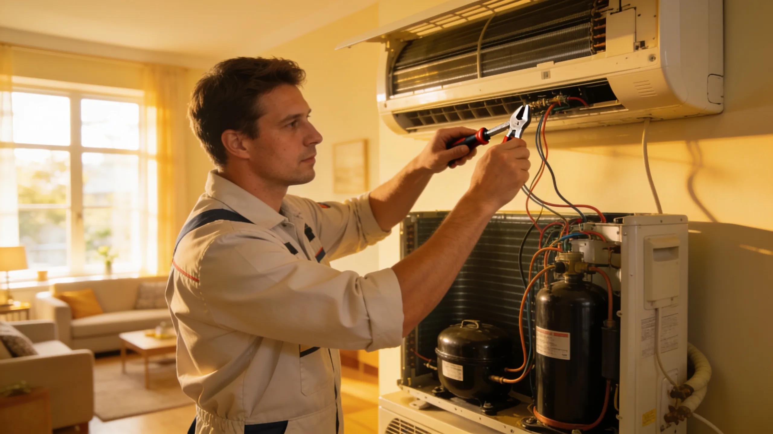 HVAC technician repairing an air conditioning unit in a bright home setting, showcasing industry expertise